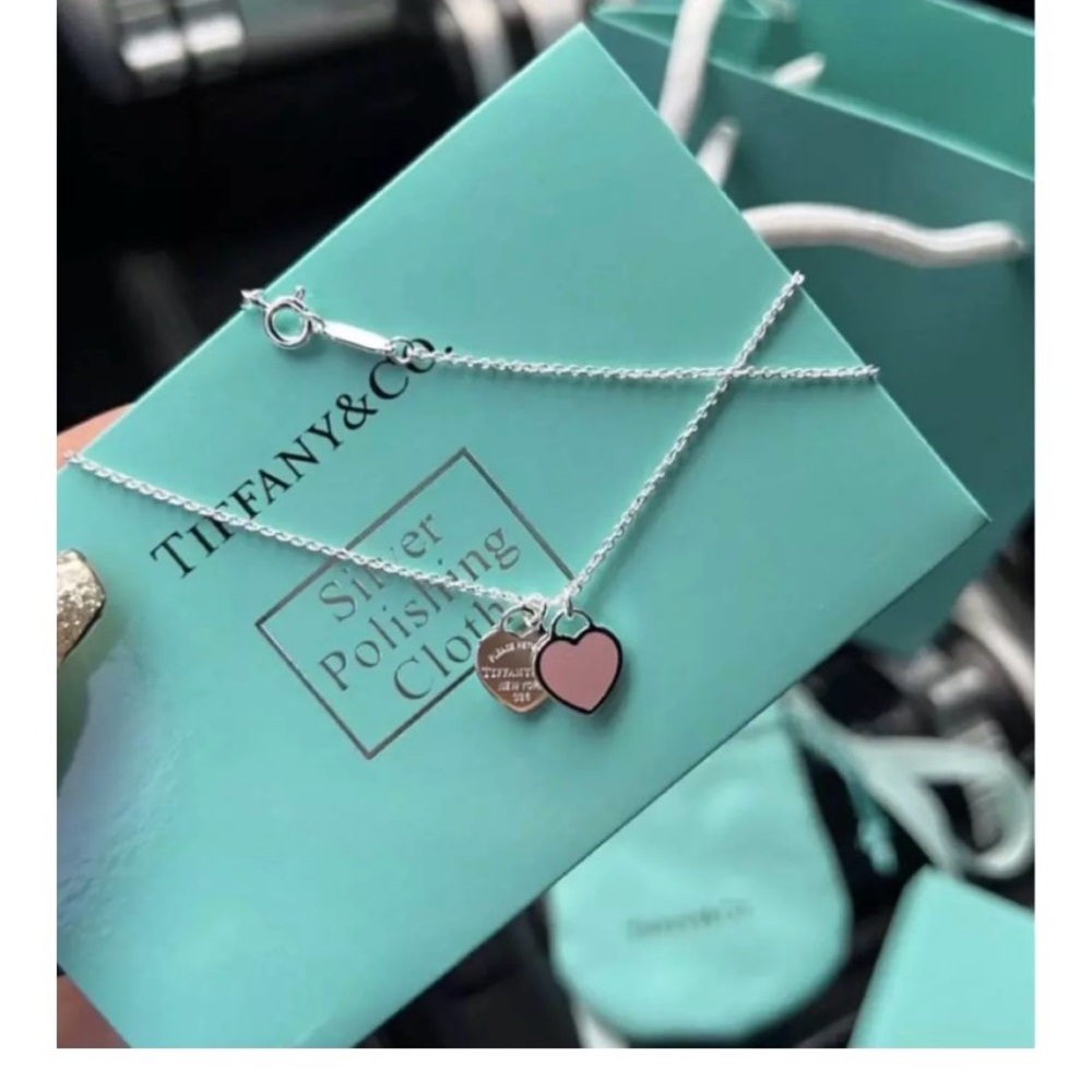 Tiffany Necklace pink double heart tag pendant
pink enamel finish